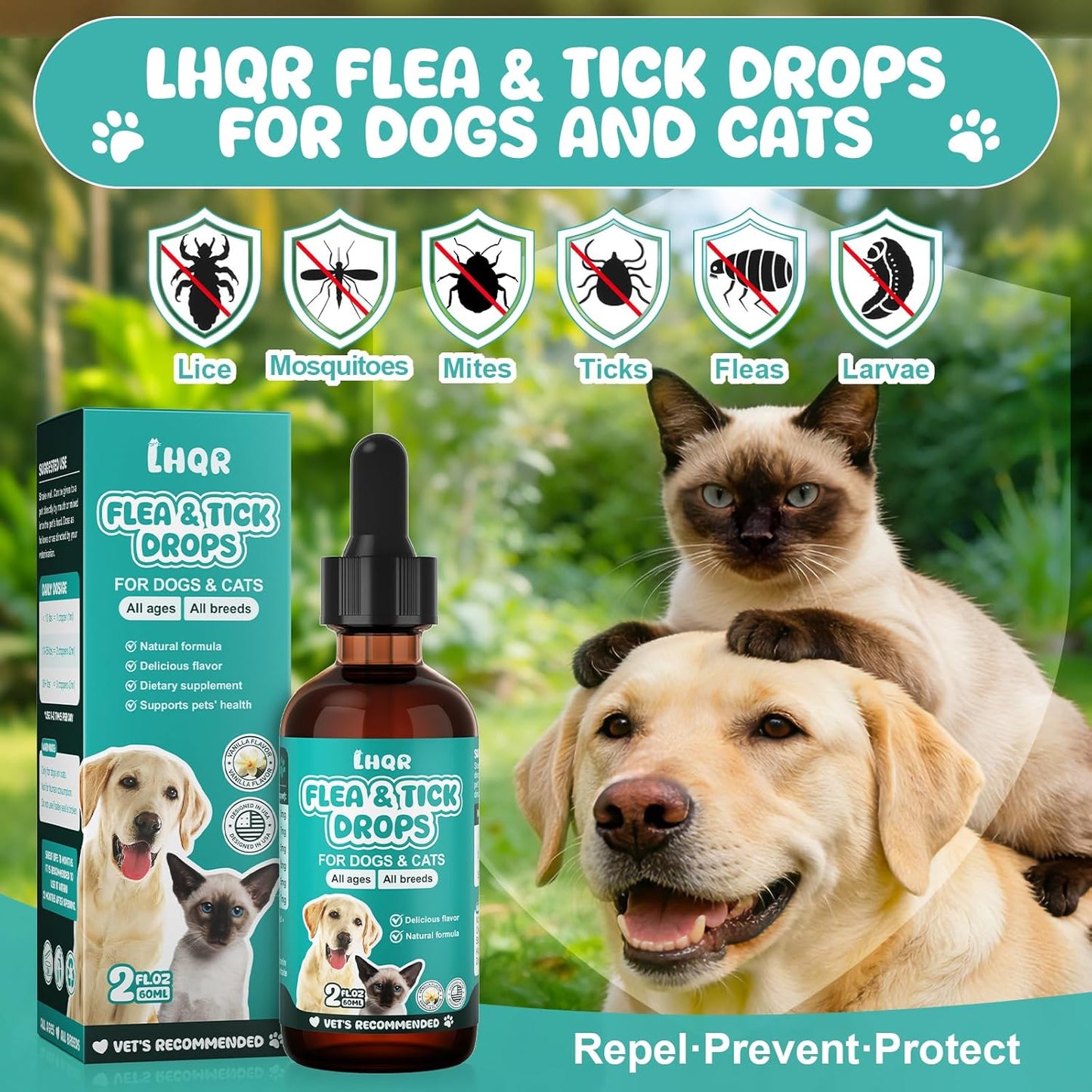 Flea and Tick Prevention for Dogs and Cats, Natural Oral Flea and tTick Treatment, Supports Flea Defense, Healthy Skin & Coat, Herbal Ingredients Suit for All Breeds and Sizes - Vanilla-2 FL Oz