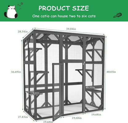 GREAZ Spacious Outdoor Cat Enclosure with Six Platforms, Waterproof Roof, Large Entry Door, Sturdy Wooden Frame, Grey