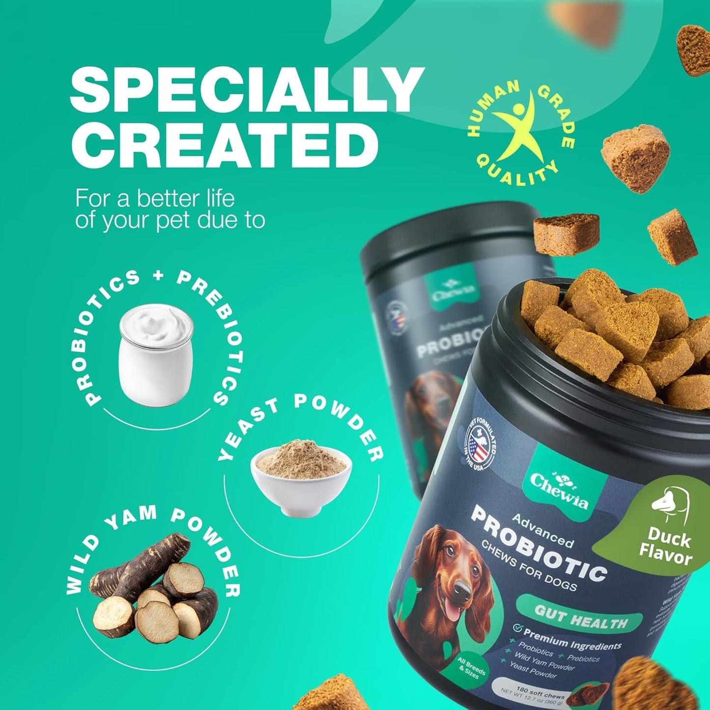Dog Probiotic Chews with Digestive Enzymes - Probiotics for Dogs, Yeast Powder, Gut Health, Digestion, Immunity, Yeast Balance, Allergies Support - Gut Flora - All Breeds Canine Soft Chews