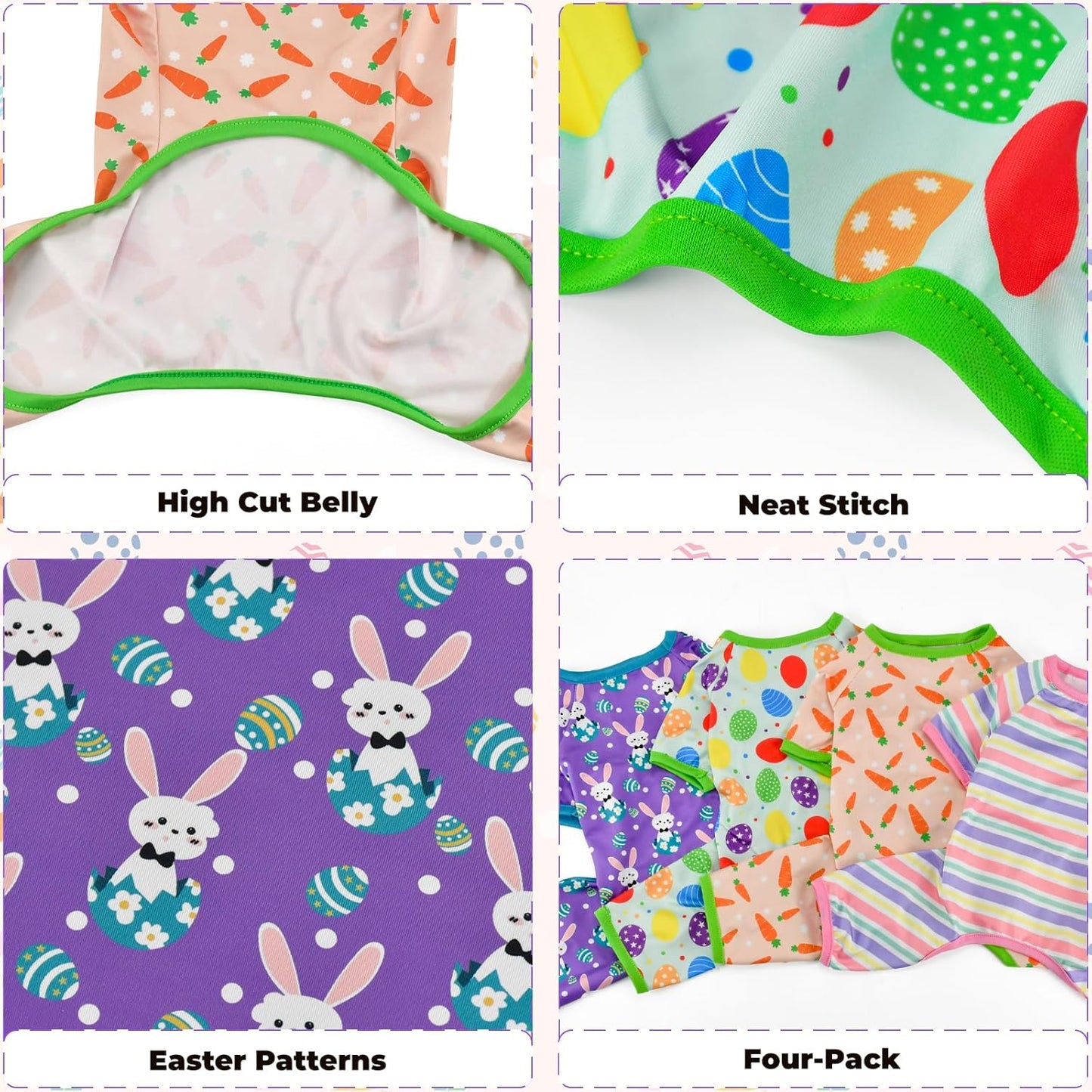 Vehomy 4-Pack Pet Dog Easter Pajama Puppy Easter Onesies Cat Pjs with Easter Egg Carrot Bunny Stripes Patterns for Small Dogs Easter Dog Clothes Outfits Shirts Jumpsuits XXL