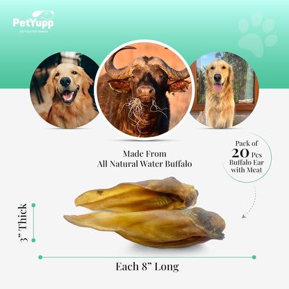 Water Buffalo Ears for Dogs 20 Count - All Natural, Single Ingredient & Long-Lasting Beef Ears for Small, Medium & Large Dogs - Promotes Dental Health & Rawhide Free Dog Treats