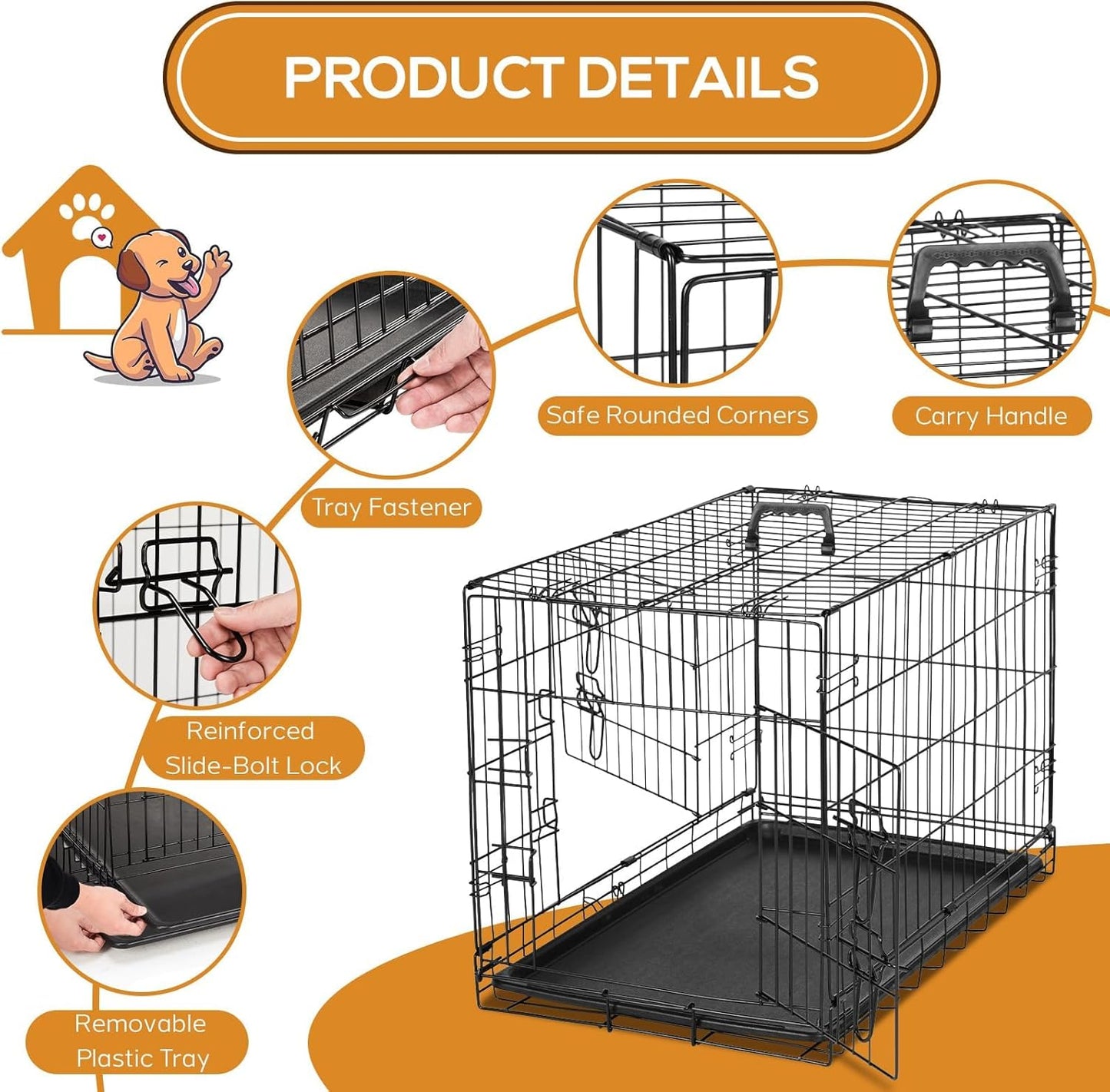 Dog Crate - Extra Large 48 Inch Double Door Portable Dog Cage, Metal Wire Pet Kennel with Secure Lock, Leak-Proof Pan Tray, Foldable Design for Dogs Pets Indoor Training and Outdoor Trave