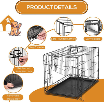 Dog Crate - Extra Large 48 Inch Double Door Portable Dog Cage, Metal Wire Pet Kennel with Secure Lock, Leak-Proof Pan Tray, Foldable Design for Dogs Pets Indoor Training and Outdoor Trave