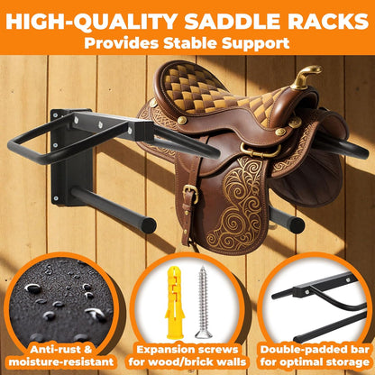 4 Pack Saddle Rack with Pad Bar,Heavy Duty Wall Mounted Saddle Rack, Saddle Stand Detachable for Western Style Saddles,Horse Tack Storage,Black