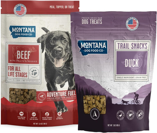 Beef Dog Food and Duck Dog Treat Adventure Fuel Bundle - Freeze-Dried Raw Food with Single Ingredient Training Snacks