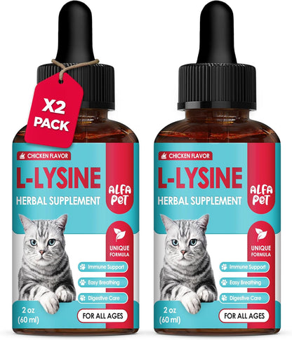 Liquid L Lysine for Cats – Aid for Watery Eyes, Sneezing & Allergy – Supplement with Taurine & Vitamins for All Breeds – Cat Probiotic for Digestion Care – Natural Chicken Flavor – 2 oz + 2 oz Pack