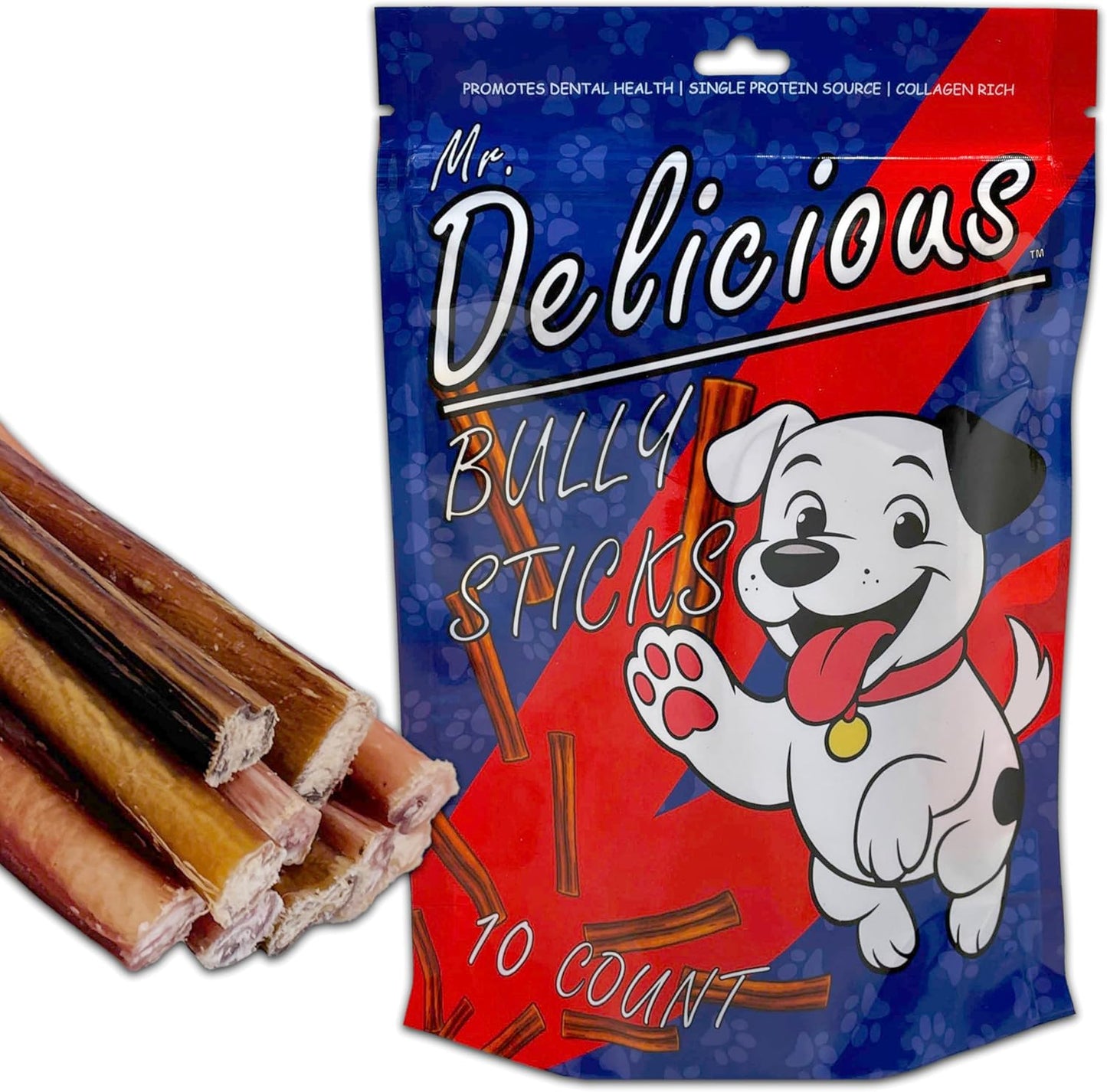 Mr. Delicious Bully Sticks for Dogs, 10 Count, 6 Inch Thin, Consistent Thickness, All Natural, Grass Fed, Rawhide-Free, Single Ingredient, Long Lasting Dog Chews