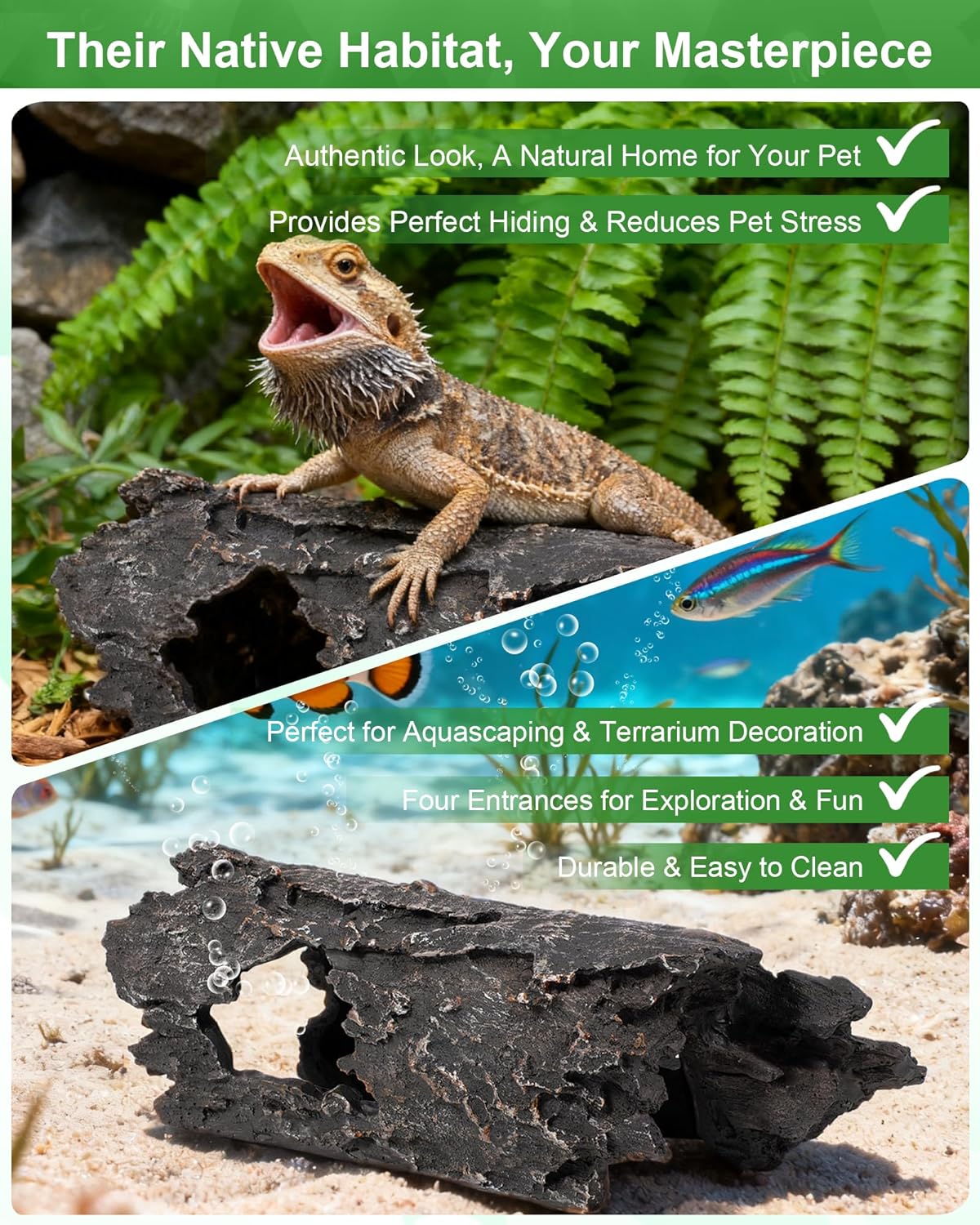 TRUVIC Reptile Habitat Decor Kit: Resin Tree Trunk Reptile Hide & Dual Feeding Dish Set