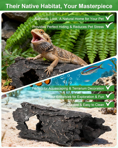 TRUVIC Reptile Habitat Decor Kit: Resin Tree Trunk Reptile Hide & Dual Feeding Dish Set