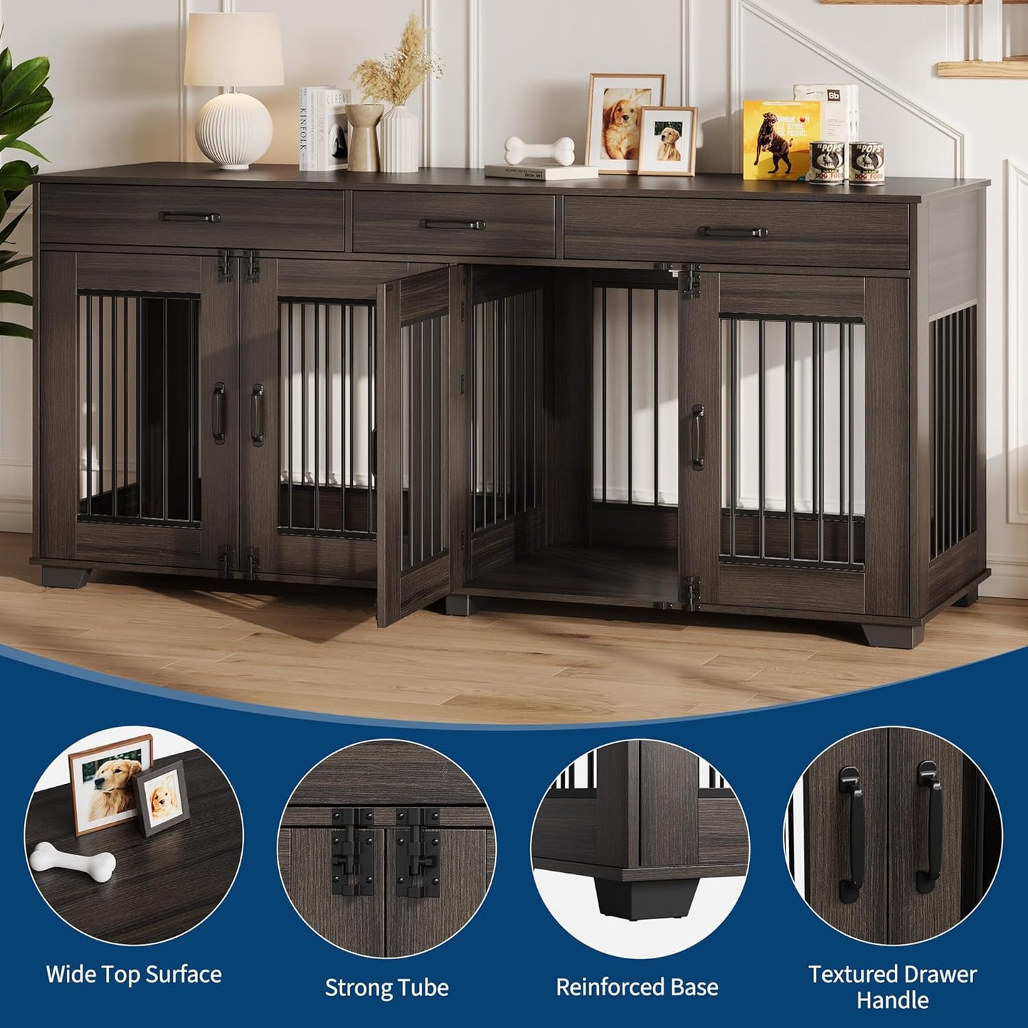 71'' Dog Crate Furniture, Large Indoor Rustic Dog Kennel with Removable Divider, 3 Storage Drawers, End Table for 2 Large Medium Dogs, Wooden Indoor Pet Crate, Walnut