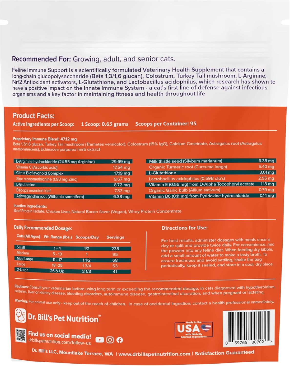 Dr. Bill’s Feline Immune Support | Boosts Cat Immunity and Health with Colostrum, Beta Glucan, Turkey Tail Mushroom, Zinc & Vitamin C | Powder Supplement for Cats of All Ages