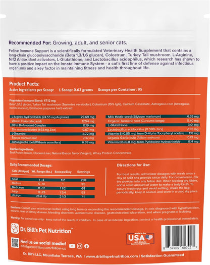 Dr. Bill’s Feline Immune Support | Boosts Cat Immunity and Health with Colostrum, Beta Glucan, Turkey Tail Mushroom, Zinc & Vitamin C | Powder Supplement for Cats of All Ages