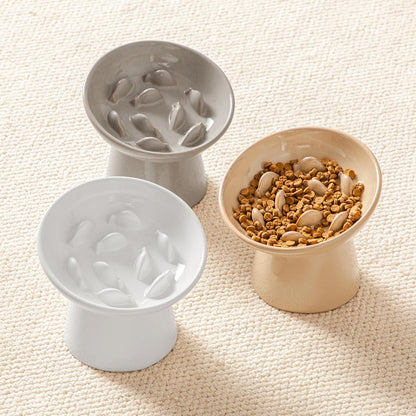 vancasso Ceramic Slow Feeder Cat Bowl, 6.25 Inch Elevated Cat Slow Feeder Bowl, Anti Vomiting for Dry and Wet Food, White