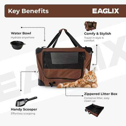 Cat Travel Carrier with Zippered Litter Box, Scooper & Water Bowl – Soft Sided Portable Cat Carrier for One Cat, Collapsible Pet Travel Bag for Indoor Use, Vet Visits & Long Trips