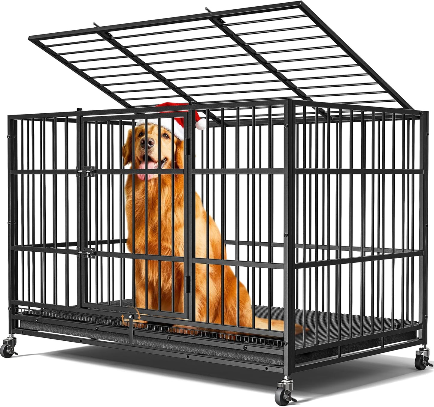 48" Dog Crates for Large Dogs, Upgraded 4 Lockable Wheels, Removable Door, Dog Kennel Indoor, Max Load 300Lbs, Easy to Clean, Removable Tray, XL Dog Cage for Large and Medium Dogs