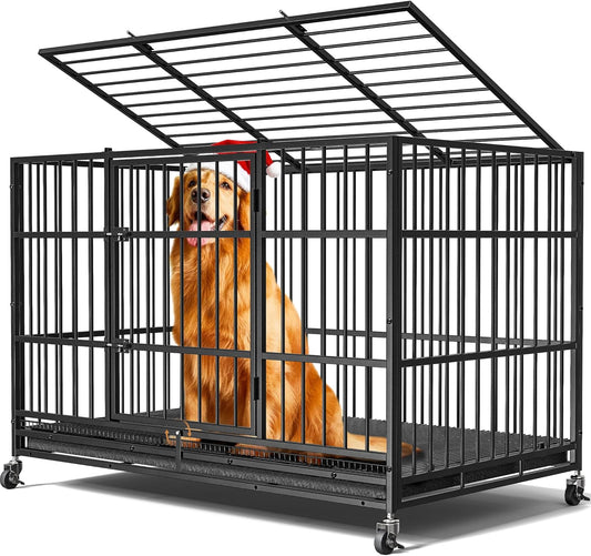 48" Dog Crates for Large Dogs, Upgraded 4 Lockable Wheels, Removable Door, Dog Kennel Indoor, Max Load 300Lbs, Easy to Clean, Removable Tray, XL Dog Cage for Large and Medium Dogs