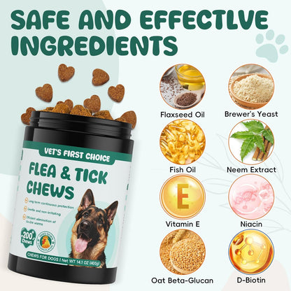 Flea and Tick Prevention for Dogs Chewable, Natural Oral Flea and Tick Treatment, Dog Flea Chews Support Skin & Digestive Supplement for Puppies & All Breeds 200 PCS