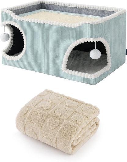 Bedsure Extra Wide Cat House 23.6x15.9x12.6inches, Blue with Bedsure Dog Blankets for Small Dogs Washable White, 25x35IN