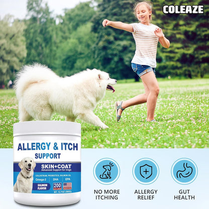 Dog Allergy Chews 200ct, Dog Allergy and Itching Skin Relief Bites Anti-Itch Skin & Coat Supplement Immune Support with Colostrum for Itchy Skin and Itchy Ears Licking Paws for Dogs Seasonal Allergies