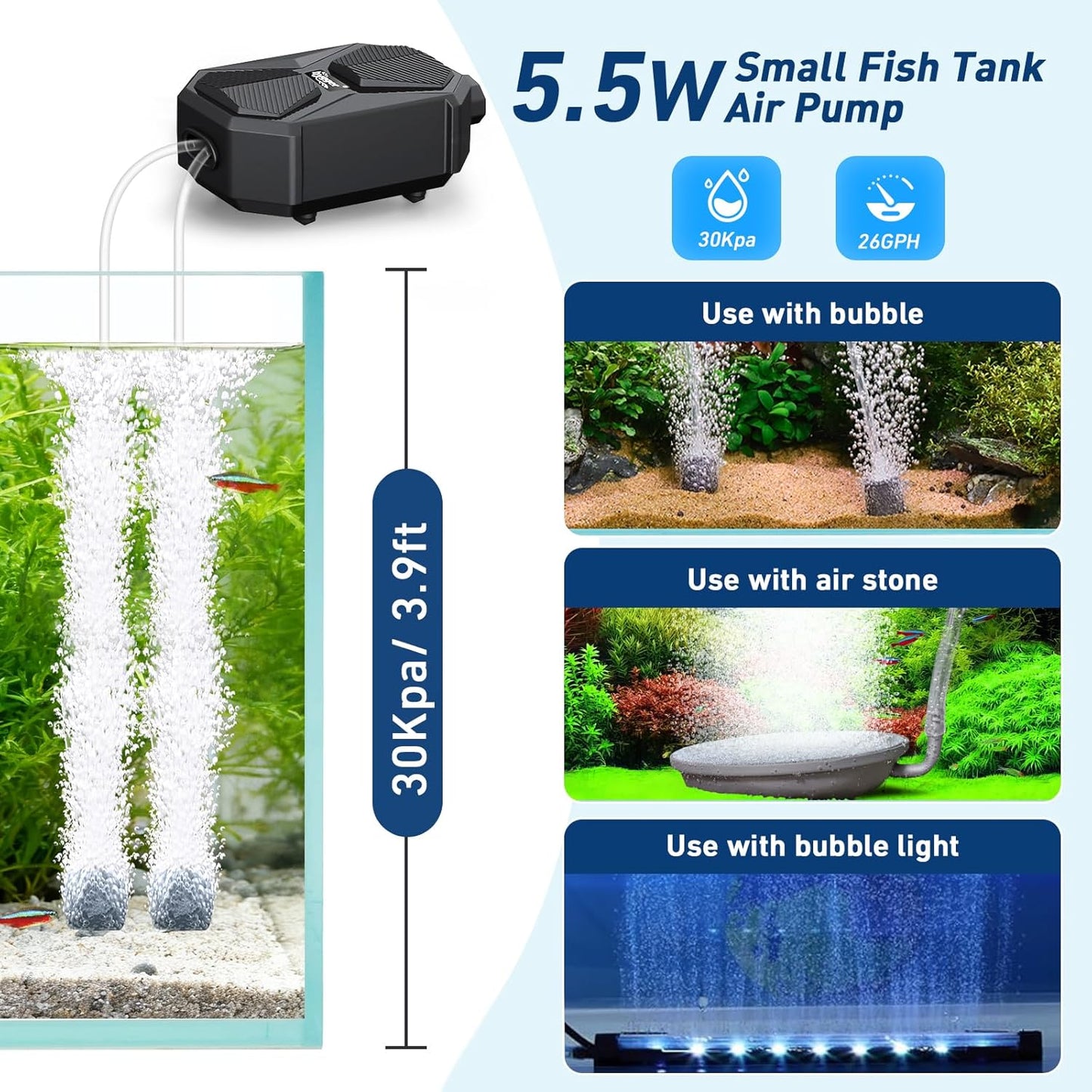 hygger Aquarium Air Pump, Ultra Quiet Oxygen Aerator with Air Stone Airline Tubing Check Valve, Aquarium Fish Tank Air Bubbler for 3 to 79 Gallon Tank and Bucket