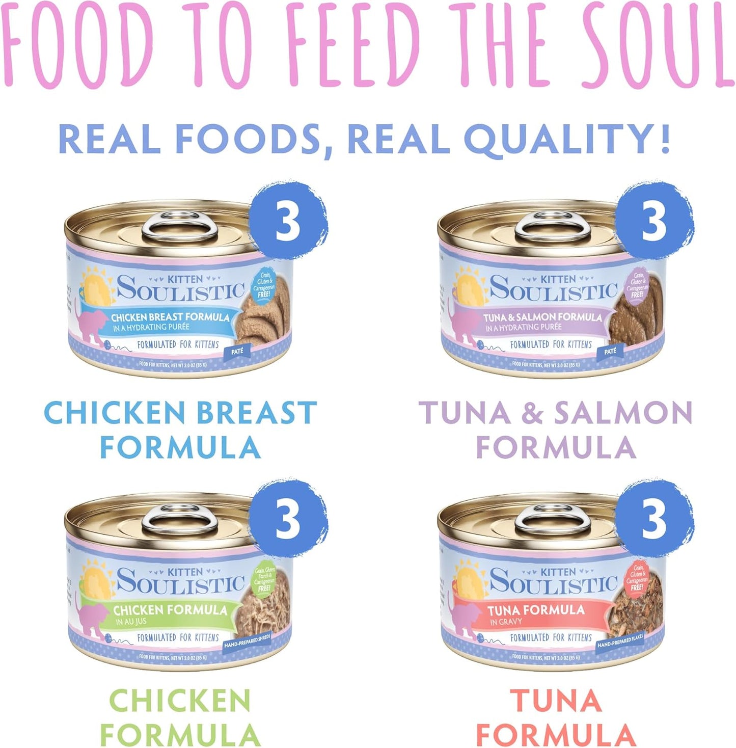 Soulistic Kitten, Kindred Kittens Variety Pack, 3oz Can, Pack of 12