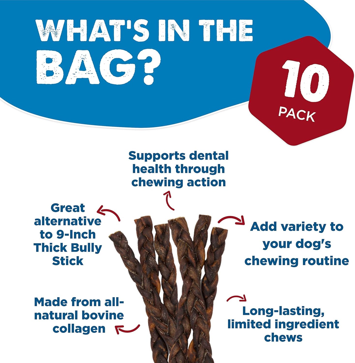 Best Bully Sticks Braided Beef Collagen Sticks - 9 Inch 10 Count (Pack of 1) - Natural, USA Baked and Packed, Easily Digestible, Limited Ingredient, Rawhide Alternative