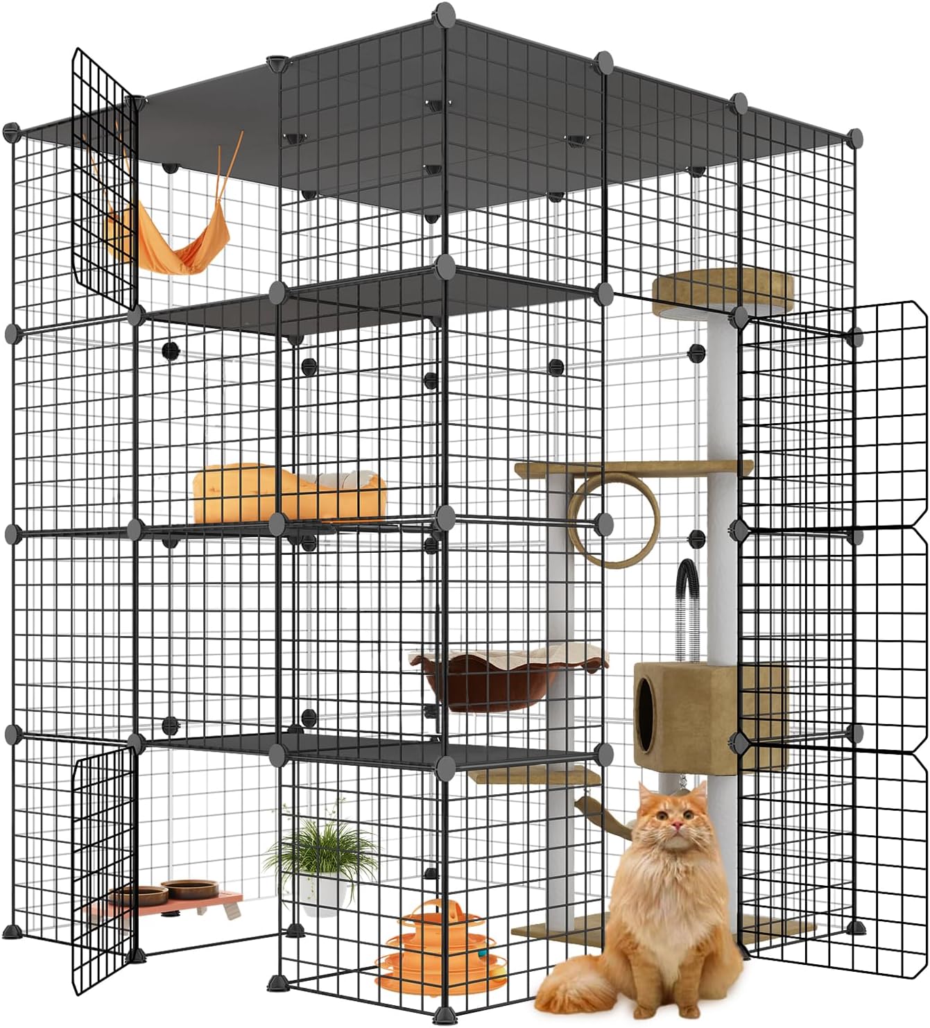 Large Cat Cage, Enclosures Indoor with Balcony, DIY Playpen Detachable Metal Wire Kennels Crate 3x3x4 Large Exercise Place Ideal for 1-3 Cats