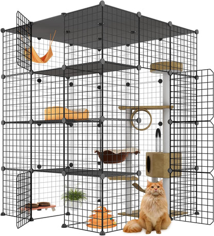 Large Cat Cage, Enclosures Indoor with Balcony, DIY Playpen Detachable Metal Wire Kennels Crate 3x3x4 Large Exercise Place Ideal for 1-3 Cats