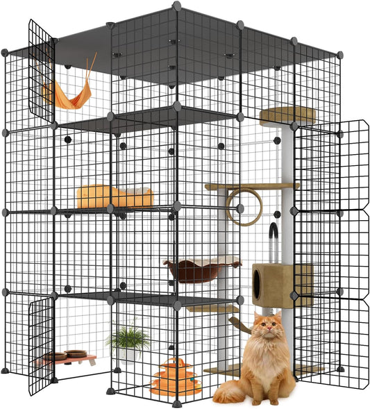 Large Cat Cage, Enclosures Indoor with Balcony, DIY Playpen Detachable Metal Wire Kennels Crate 3x3x4 Large Exercise Place Ideal for 1-3 Cats