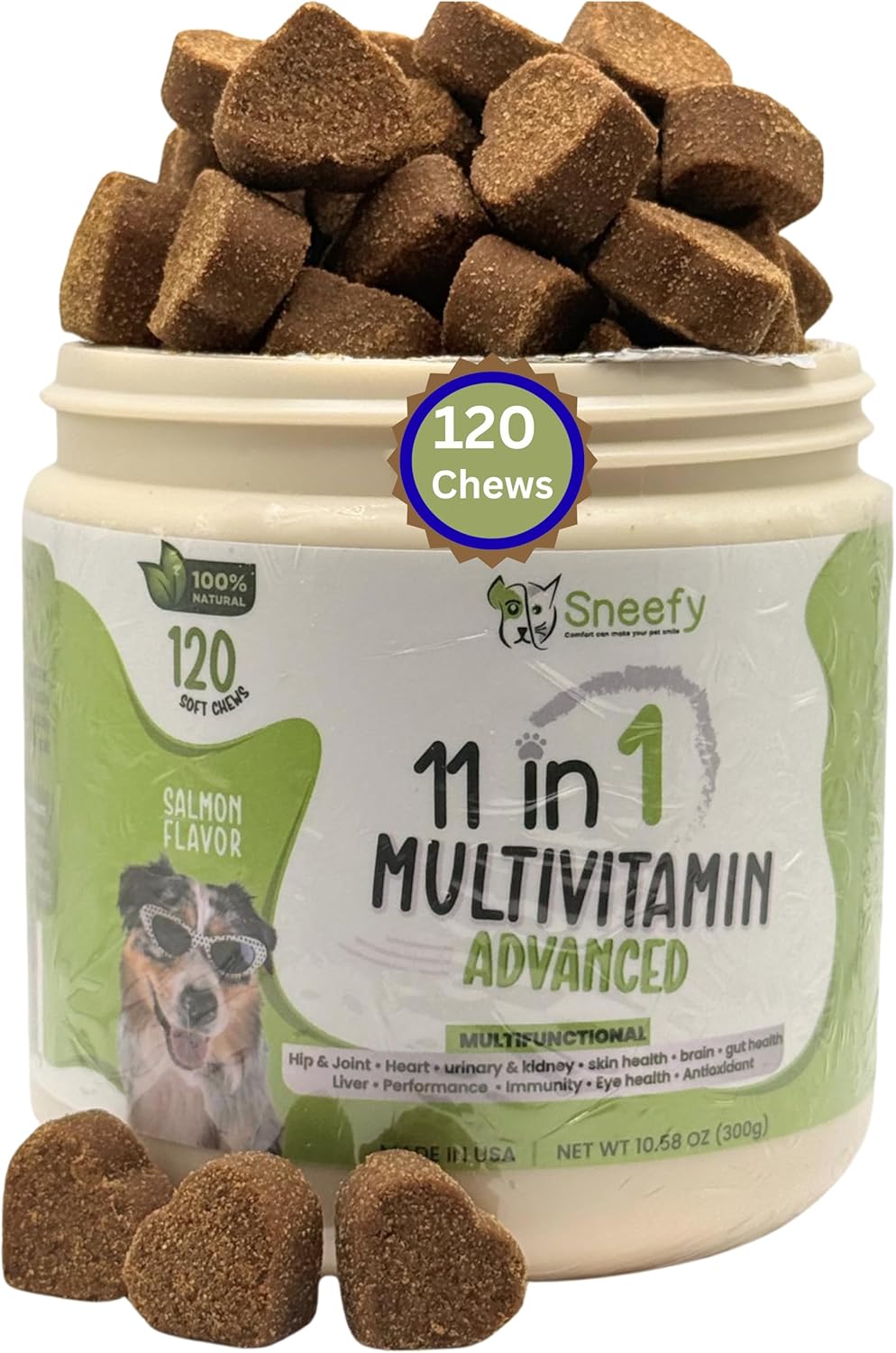 Dog Multivitamin, Chewable Dog Vitamins and Supplements for Hip & Joints, Skin & Coat, Omega 3 Fish Oil for Dogs- Senior & Puppy Multivitamin - Salmon- 120 Soft Chews