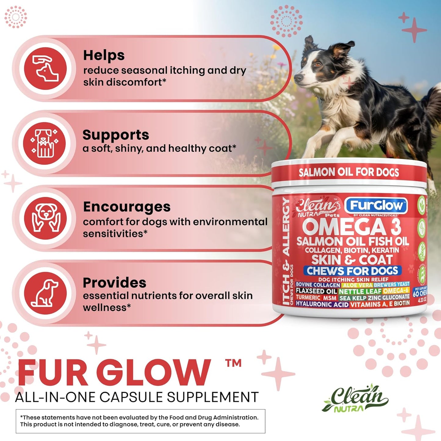 FurGlow Skin and Coat Supplement for Dogs Salmon Oil Omega 3 Fish Oil Turmeric Collagen Aloe Vera Flaxseed Oil Hyaluronic Acid Biotin Keratin Aloe Vera Allergy Relief Beef Flavor | Clean Nutra Pets