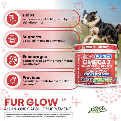 FurGlow Skin and Coat Supplement for Dogs Salmon Oil Omega 3 Fish Oil Turmeric Collagen Aloe Vera Flaxseed Oil Hyaluronic Acid Biotin Keratin Aloe Vera Allergy Relief Beef Flavor | Clean Nutra Pets