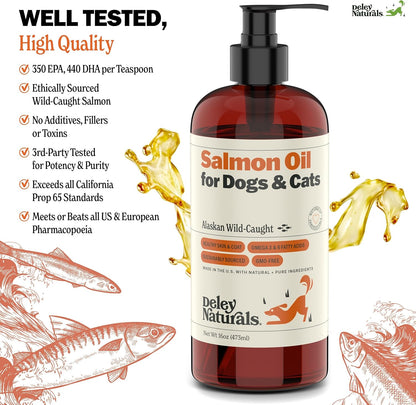 Deley Naturals Wild Alaskan Salmon Oil for Dogs - New & Improved Salmon Oil Plus Formula - Fish Oil for Dogs with DHA EPA Omega 3 & 6 Fatty Acids - Omega 3 Fish Oil for Skin & Coat - 16oz Made in USA