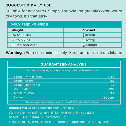 Kelp Supplement for Dogs - 16 oz of Kelp Powder Granules with 5cc Spoon - Good for Healthy Thyroid Function, Reduce Dental Plaque, and Skin Health - Made in The USA