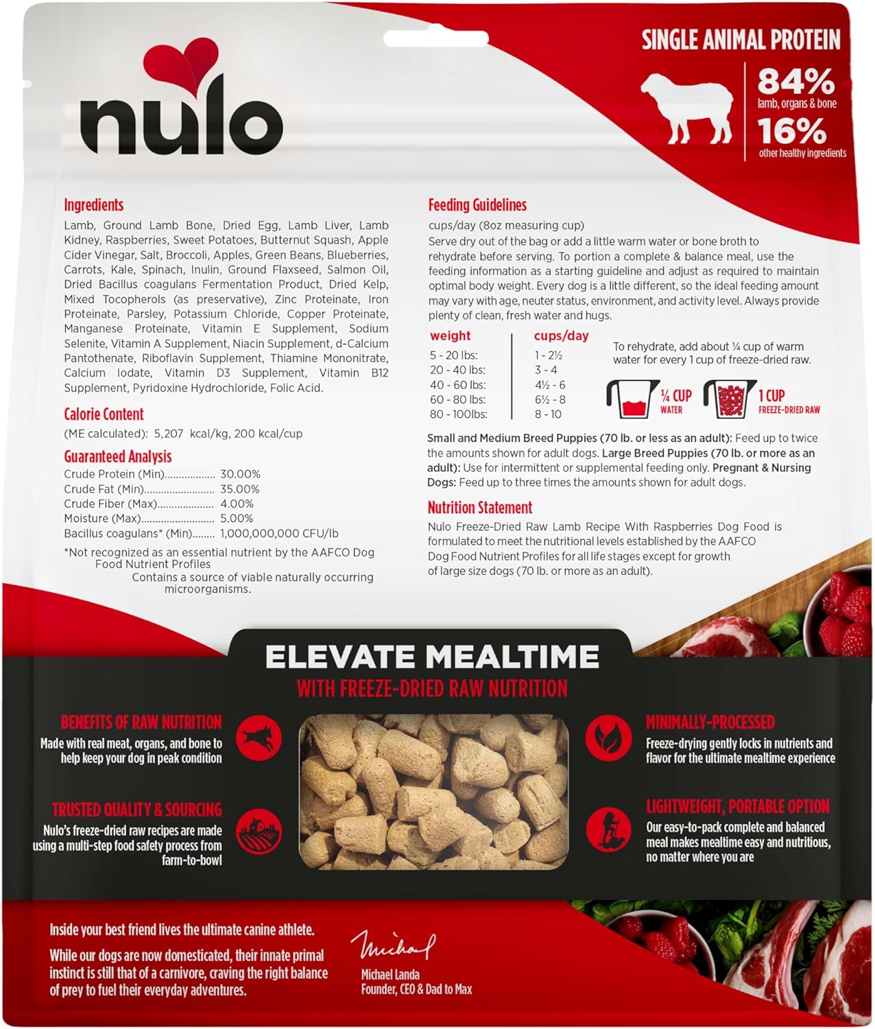 Nulo Freeze-Dried Raw Lamb Recipe with Raspberries Complete and Balanced Dry Dog Food Kibble, 18 Ounce Bag