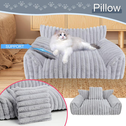 Cute Cat Couch Bed for Indoor Cats, Fluffy Pet Cat Sofa with Premium Soft Corduroy Fleece, Cute Small Dog Beds for Small Dogs, Fuzzy Puppy Chair with Removable Washable Cover (24x18x10,Grey)