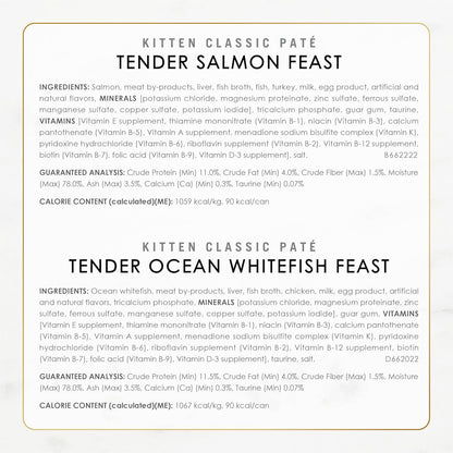 Purina Fancy Feast Tender Ocean Whitefish, Turkey, Chicken and Salmon Feasts Wet Kitten Food Variety Pack - (Pack of 24) 3 oz. Boxes
