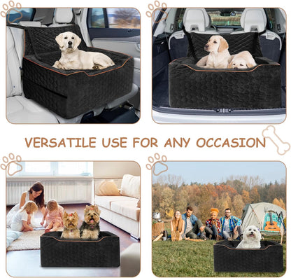 Dog Booster Seat for Larger & Medium Dogs – Comfortable Dog Car Bed with Washable Cover and Storage Pockets for Pets Up to 60lbs (Black)