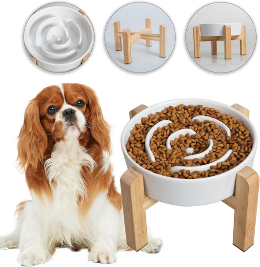 Elevated Slow Feeder Dog Bowl - Ceramic Maze Food Dish with Bamboo Stand - Raised Feeding Bowl for Fast Eaters - Ideal for Small and Medium Dogs - White - 6.7 inch