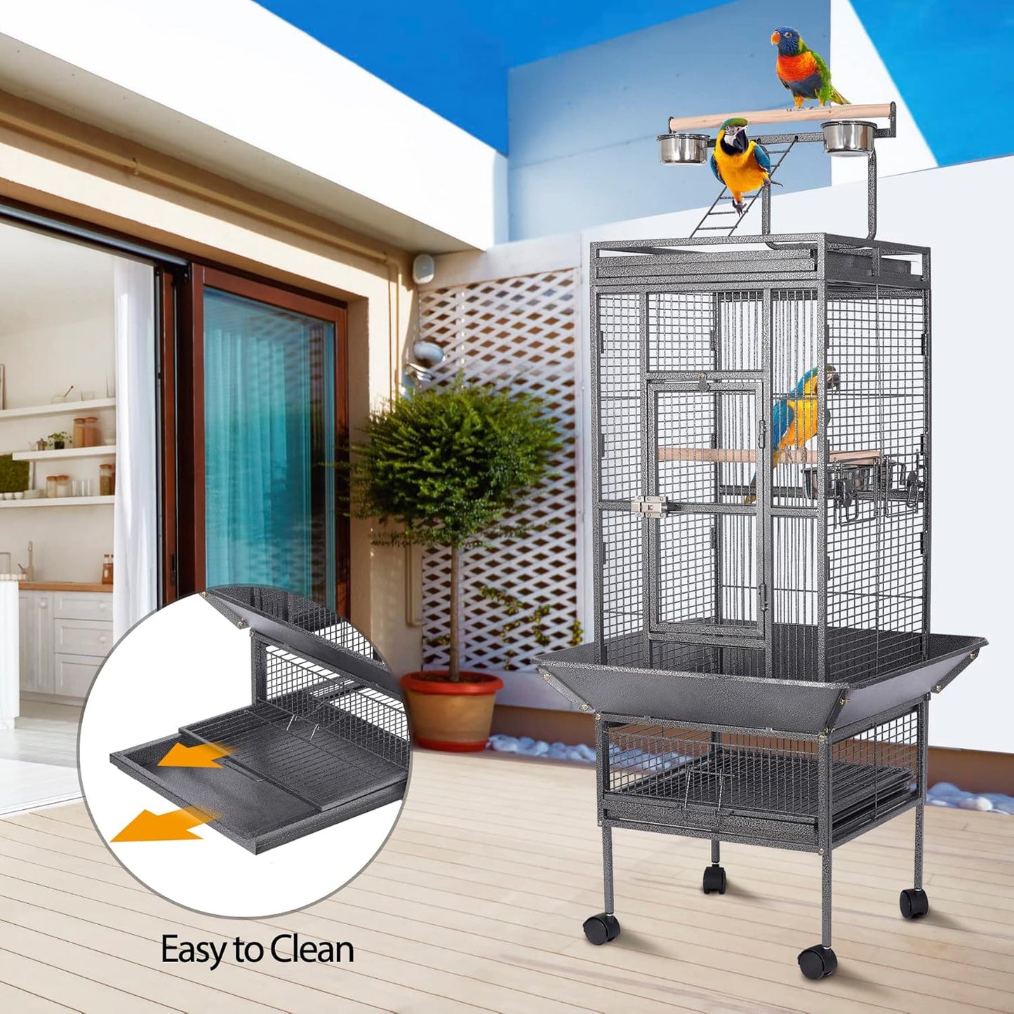 HSM 62 Inch Wrought Iron Large Bird Flight Cage with Rolling Stand for African Grey Parrot Cockatiel Sun Parakeet Conure Lovebird Canary…