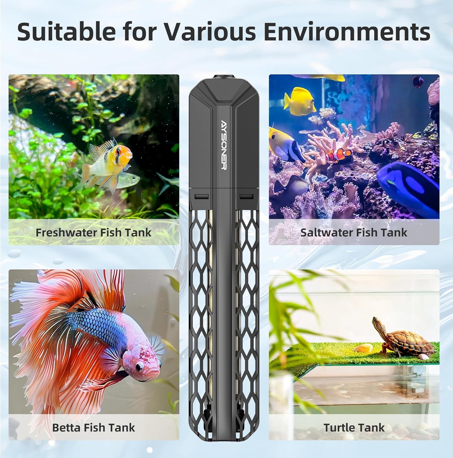 Aysoner Aquarium Heater for Fish Tank: 100W Adjustable Submersible Thermostat with Off-Water Protection & UL Certified Cord for 10-20 Gallons Fish Turtle Tank Enthusiasts