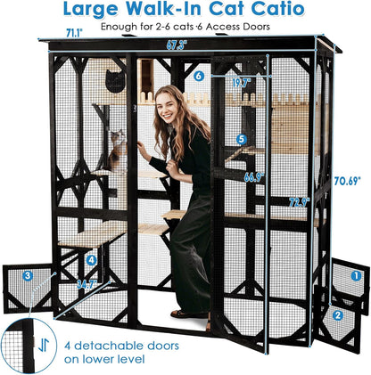 FunXplore 71.1" L Large Cat Catio Outdoor Cat Enclosure Window Acess, Walk-in Cat Cage Cat House for Multiple Indoor Outdoor Cats, Outside Patio 6 Doors Weatherproof Roof