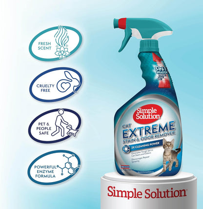 Simple Solution Extreme Cat Stain Eliminator for Strong Odor, Pet Odor Eliminator for Home, Stain Remover for Cats, Kitten Essentials, Floor Cleaner, Urine Destroyer, Carpet Cleaner Spray, 32oz