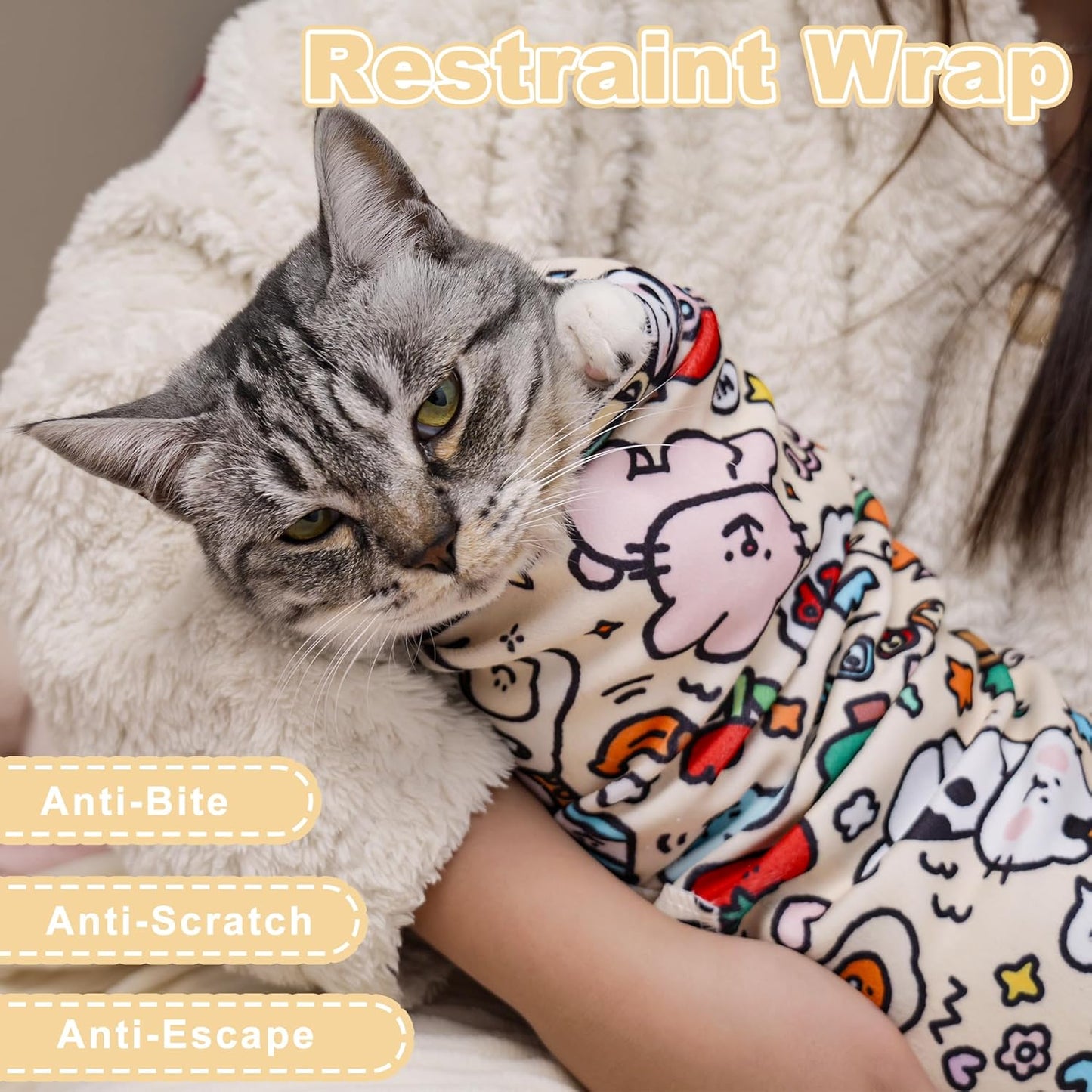 27.6''Cat Grooming Wrap,Cats Wrap for Cutting Nails,Ear Cleaning,Vet Visit Anti-Scratch Anti-Escape Restraint Swaddle,Cat Burrito Wrap L(Within 15lbs),Small Dog Grooming Tool