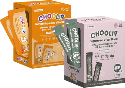 Choolip Bundle | 20pc Jumbo Squeeze Vita Sticks with Essential multivitamins + 49 Liver Support Squeeze Vita Sticks with Essential multivitamins [Both Products are for Cats & Dogs of All Life Stages]