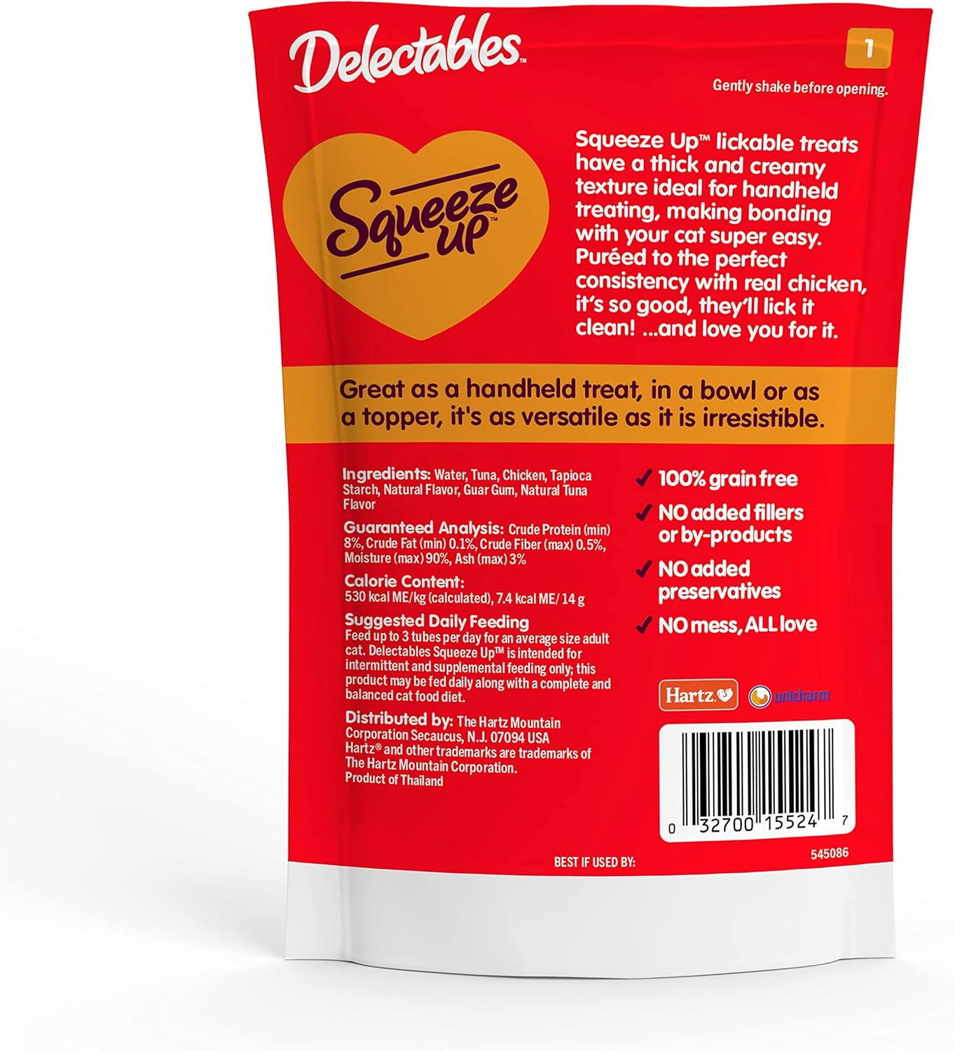 Delectables Squeeze Up Creamy Squeezable Puree, Lickable Wet Cat Treats, Grain Free, No Added Fillers, No By-Products, No Added Preservatives, 0.5 Ounces Tube Chicken Flavor, 32 Tubes Total