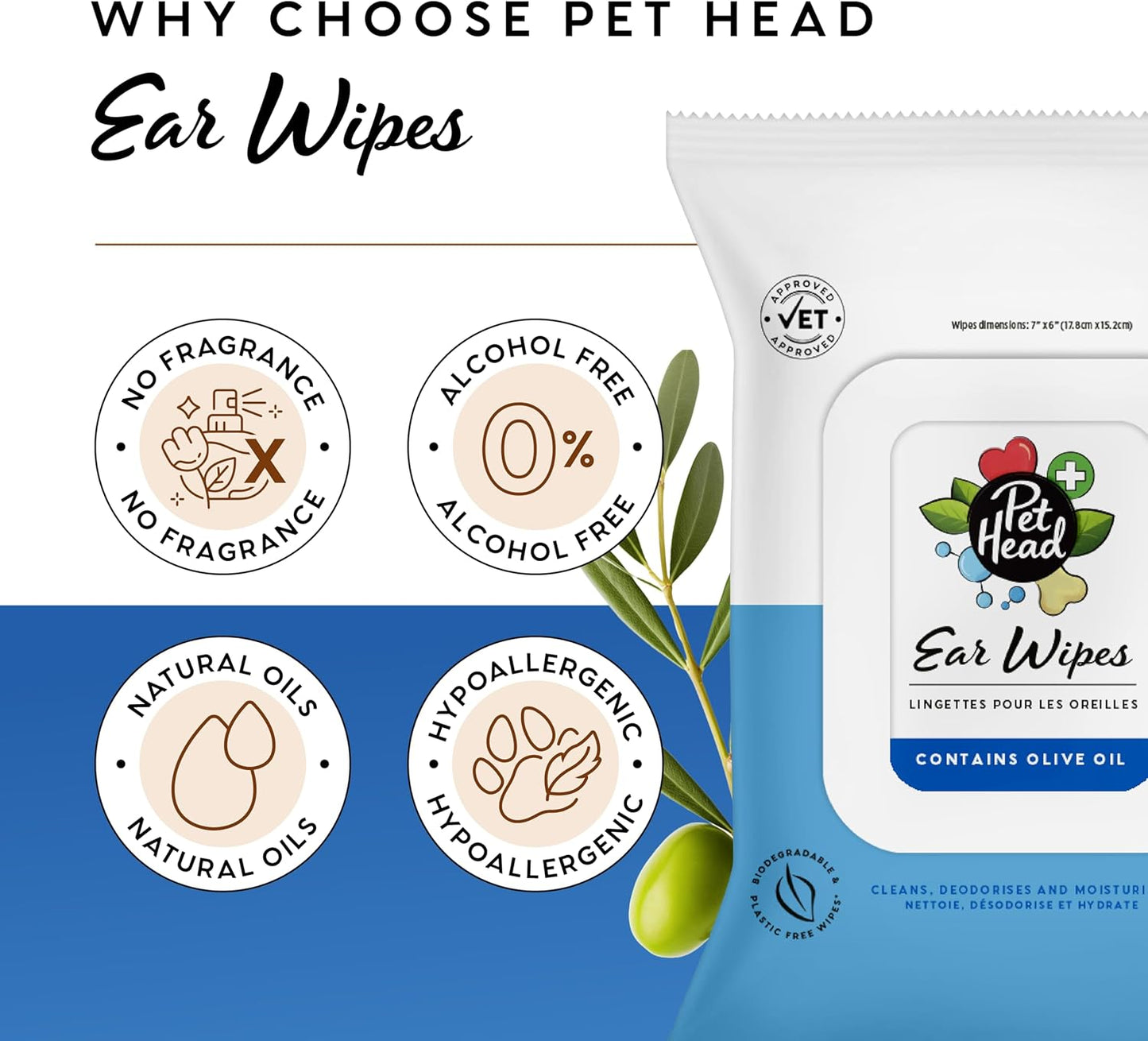 Pet Head Health Ear Wipes for Cats and Dogs | Fragrance-Free | Cleans, Deodorizes and Moisturizes | Removes Dirt, Wax, Discharge, and Debris | Biodegradable and Plant-Based Dog Ear Cleaner | 30 Wipes