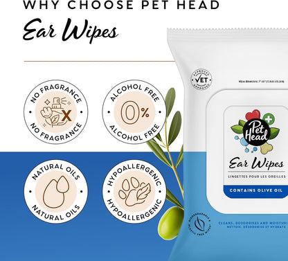 Pet Head Health Ear Wipes for Cats and Dogs | Fragrance-Free | Cleans, Deodorizes and Moisturizes | Removes Dirt, Wax, Discharge, and Debris | Biodegradable and Plant-Based Dog Ear Cleaner | 30 Wipes
