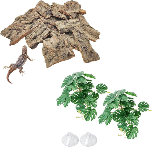 VCEPJH Reptile Bark Bedding,1 LB Natural Cork Bark for Geckos and 2 Pcs Plants with Suction Cup Amphibian Habitat Decor for Bearded Dragon, Lizard, Snake