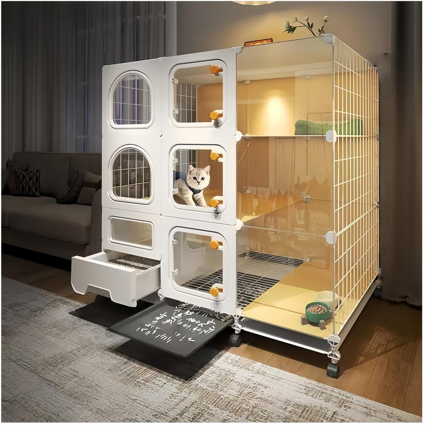 cat cage Indoor with Litter Box, Complimentary Cat Bed, Bowl,Cleaning Three Piece Set,Large cat Enclosure, Cat House with Wheels Outdoor，Small Animal cat Kennel (41.8″(L) x18.1″(W) x46.1″(H))